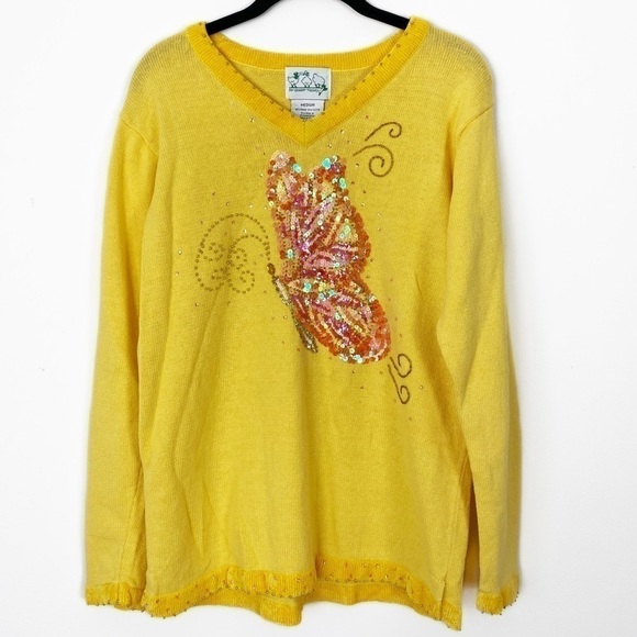 THE QUACKER FACTORY Yellow Knit Butterfly Sequin Beaded V-neck Sweater Y2K Style - Picture 1 of 8